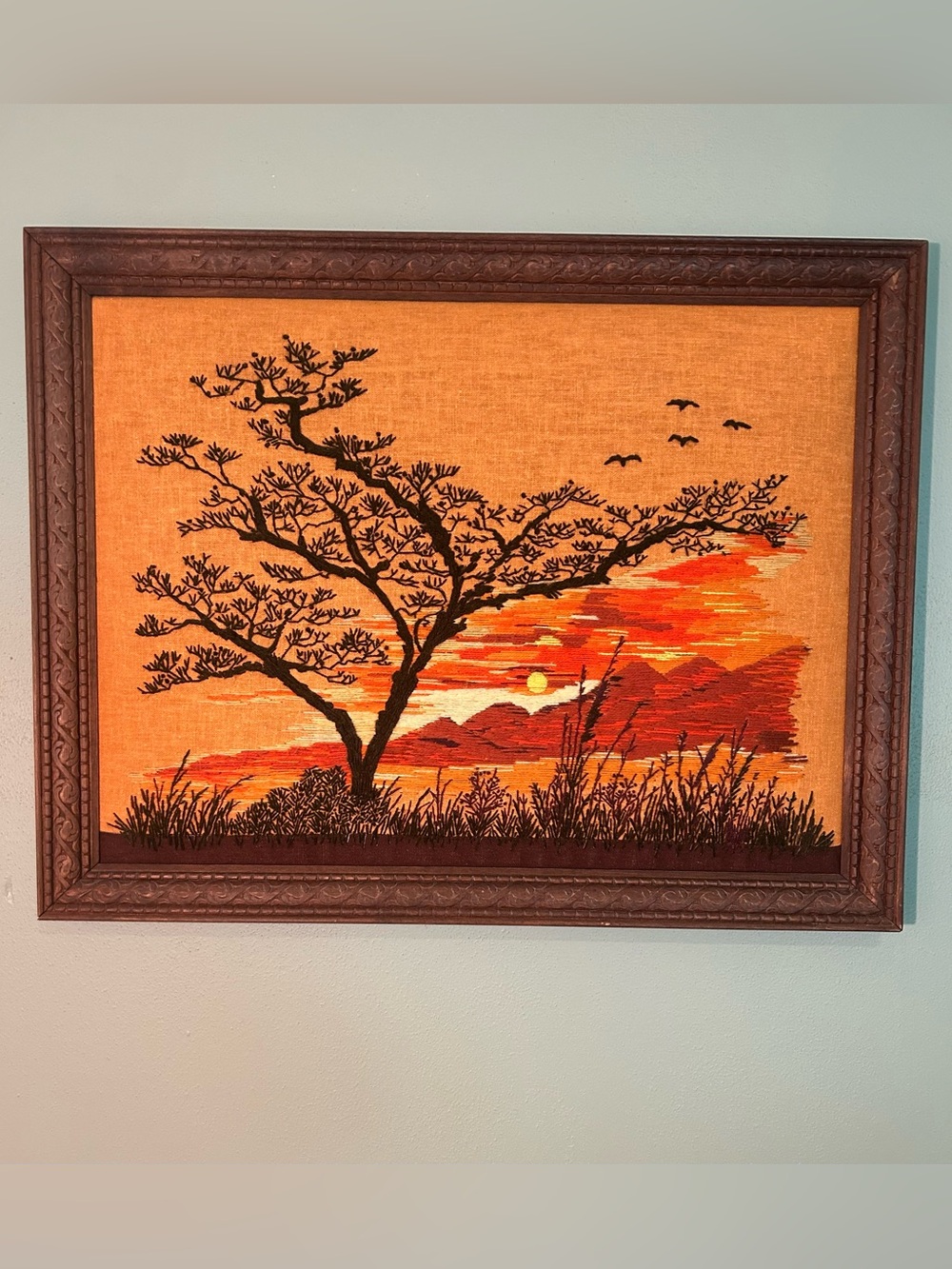 Framed Vintage Crewel Embroidered “Golden Glow” 1970’s Large 27”x21” Boho MCM